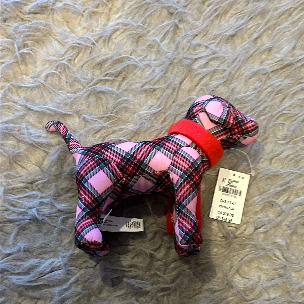 NWT Pink By Victoria Secret Pink Plaid‎ Stuffed Dog with Logo Red Scarf